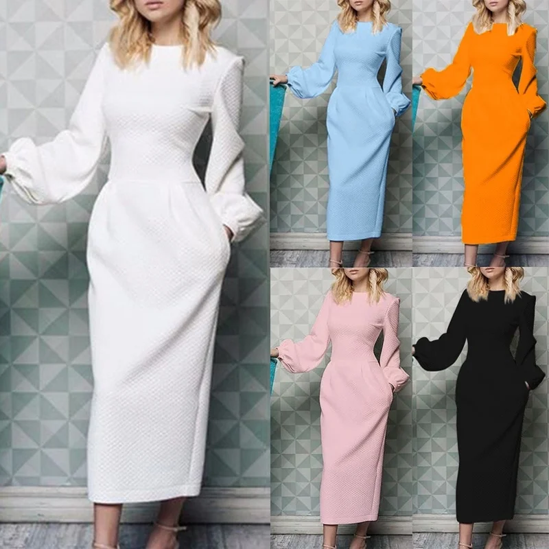 Новое модное осеннее женское элегантное офисное платье однотонное тонкое ретро