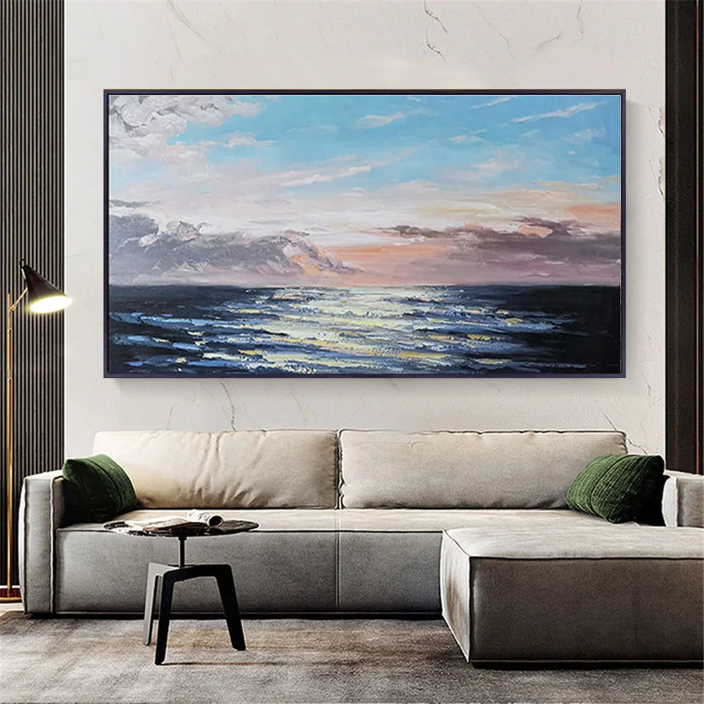 

Large horizontal hand-painted oil painting landscape wall painting sky sea and lake canvas painting hotel home living room decor