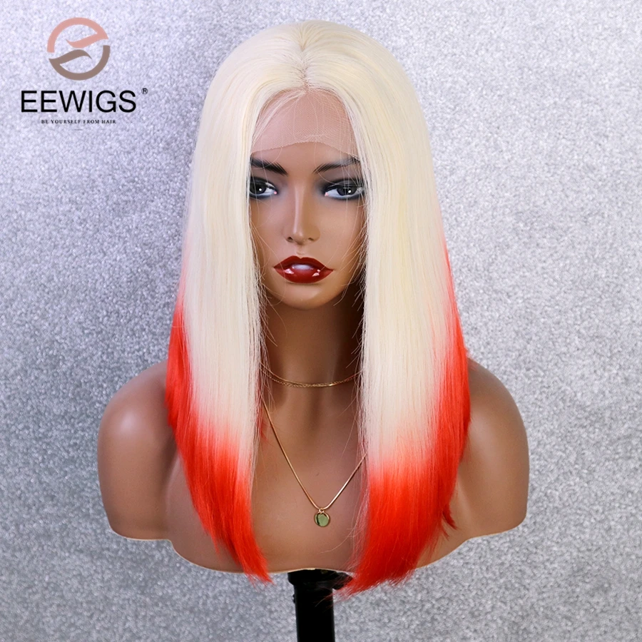 

EEWIGS Heat Resistant Blonde Bob Wig Ombre Red Synthetic Lace Front Wig With Natural Hairline Cosplay Short Wigs for Black Women