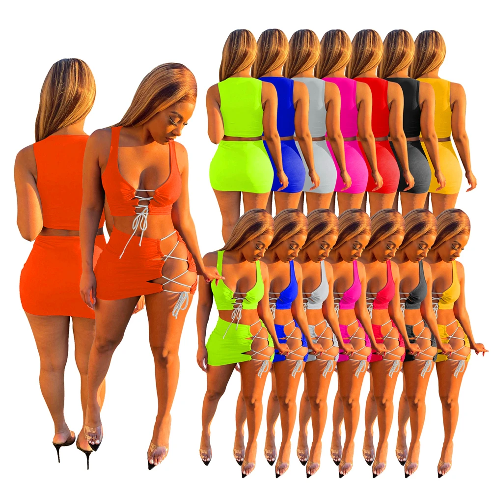 

[w8164] European and American women's summer sexy beach two piece sleeveless short skirt lace up suit wholesale
