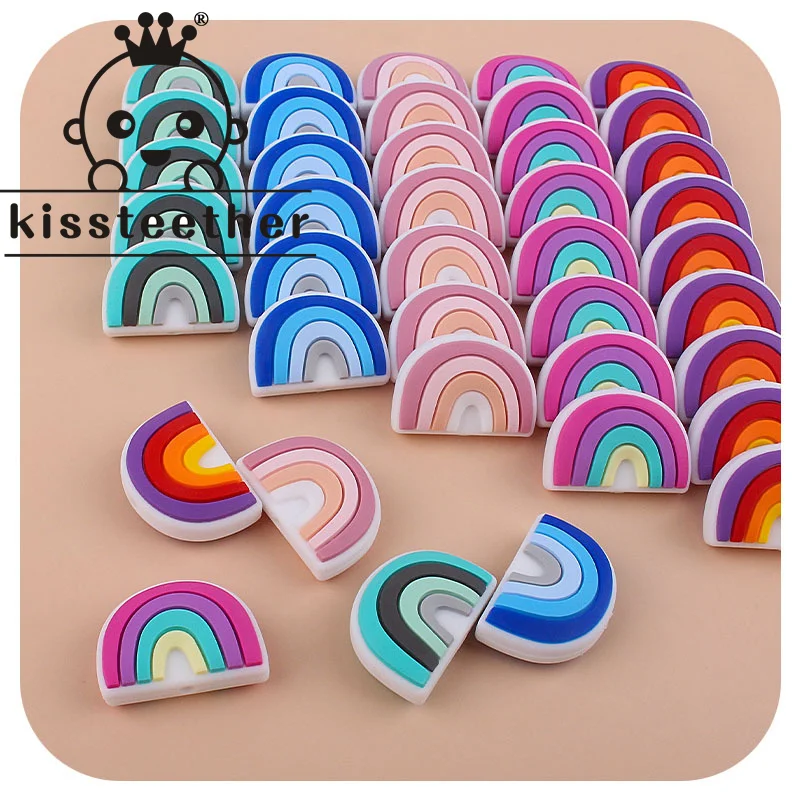 Kissteether-Cuentas de silicona de arco&iacute;ris para dentici&oacute;n de beb&eacute;, mordedor de lactancia, cuentas de silicona para reci&eacute;n nacido, chupete, cadenas, manualidades, 5 piezas-0