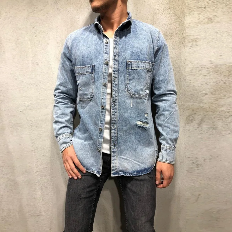 2019 Новые мужские модные ковбойские куртки однотонные рубашки с длинным рукавом