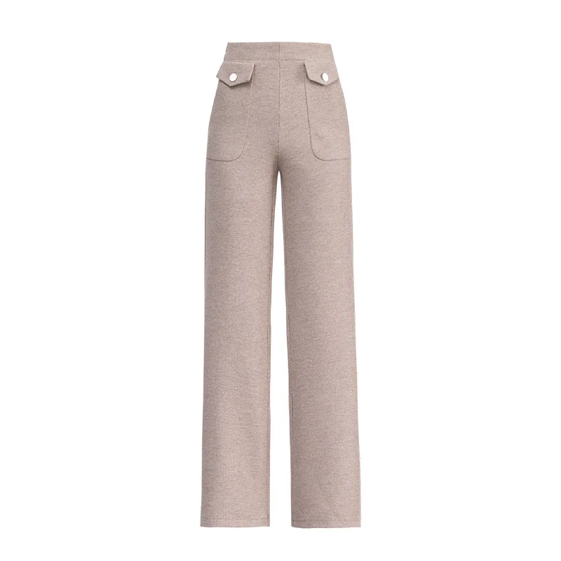 

Knitted Trousers Full Length Office Lady Elastic Waist Pockets Ropa De Invierno Para Mujer Solid High Waist Wide Leg Pants