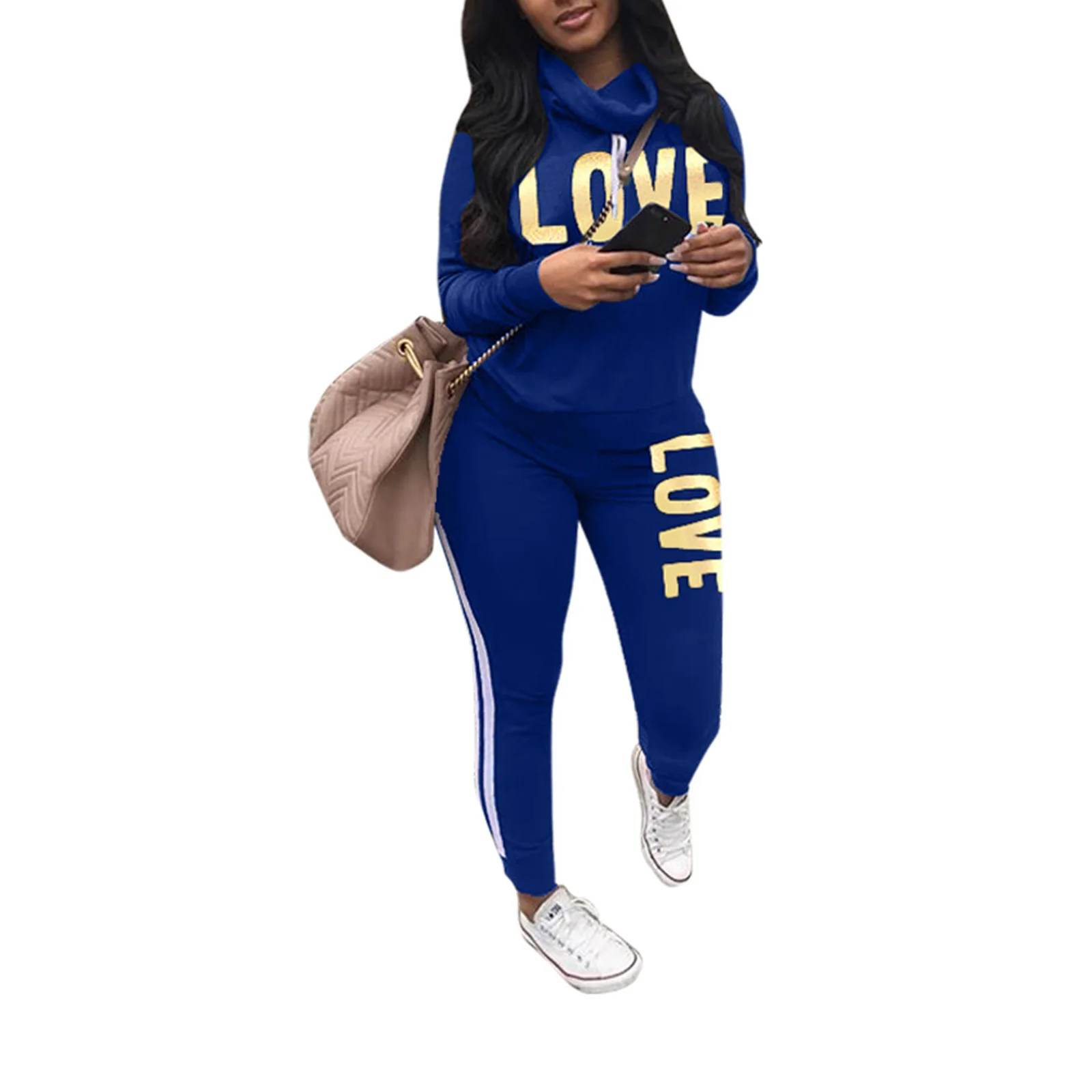 

Women Fall Casual Suit 2PCS Athletic Wear Lapel Long Sleeve Sportswear Pullover Top+Love Letter Printed Slim Pants