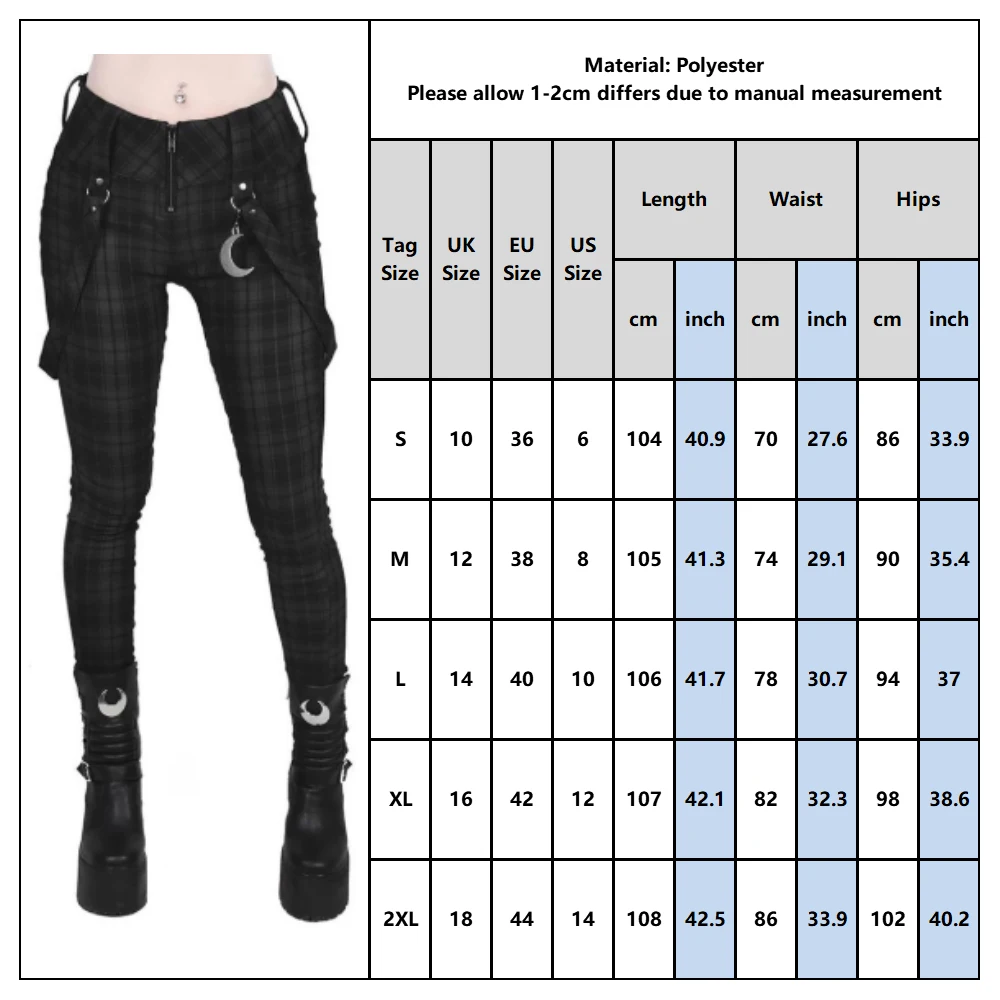 

Gothic Pants Girls Plaid High Waist Skinny Trousers Harajuku Women's Full Length Pencil Pants Vintage Female Elastic Leggins D30