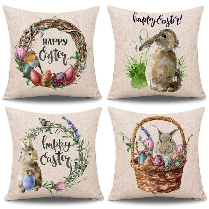 Pillow Case Rabbit Bunnies with Eggs Cover Linen Sofa Bed Throw Cushion Decoration | Дом и сад