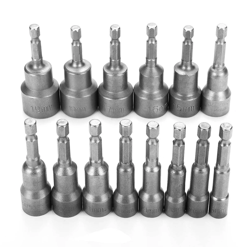 14Pcs 6-19Mm Grey Adapter Drill Bit 1/4 Inch Socket Magnetic Nut Driver Set For Power Drills Steel Hex Shank Magnet Holds | Инструменты