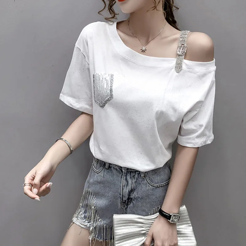 

Женская футболка с коротким рукавом, черная, белая, розовая футболка в стиле панк с блестками и карманами, топы на одно плечо в стиле Харадзю...