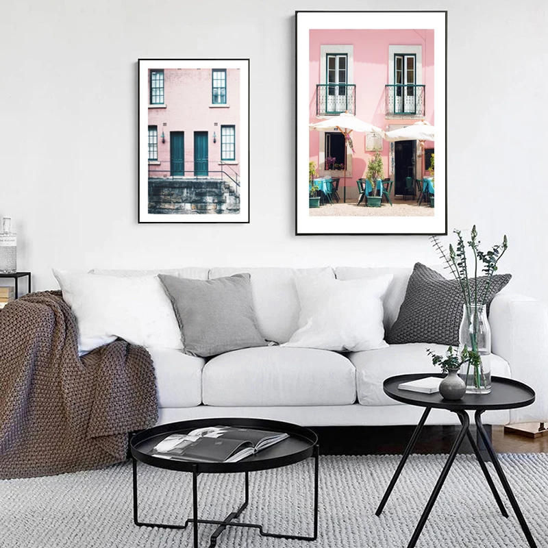 Городской пейзаж стены художественный принт дом скандинавский постер розовая