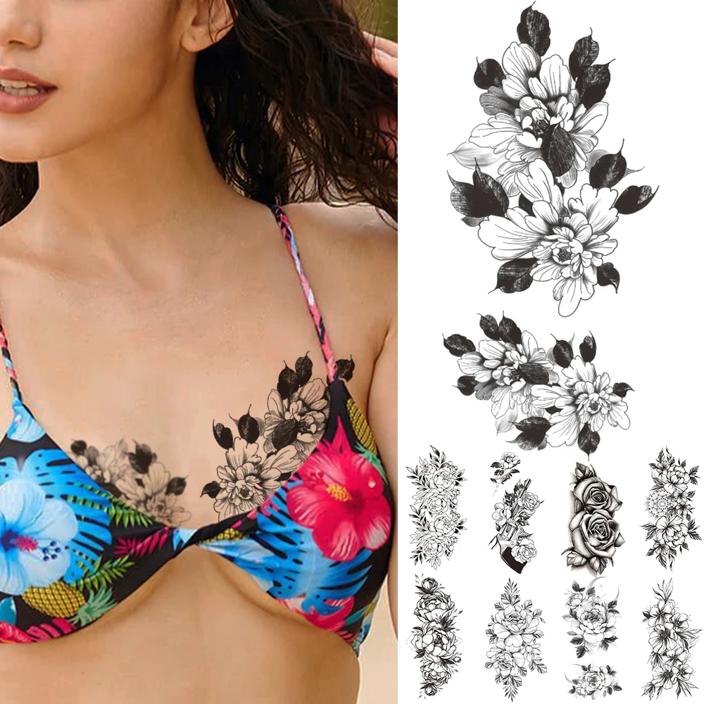 

Черные Временные татуировки Далии для женщин, женские, взрослые, искусственные розы, лилия, луна, пистолет, реалистичные тату-наклейки, водо...