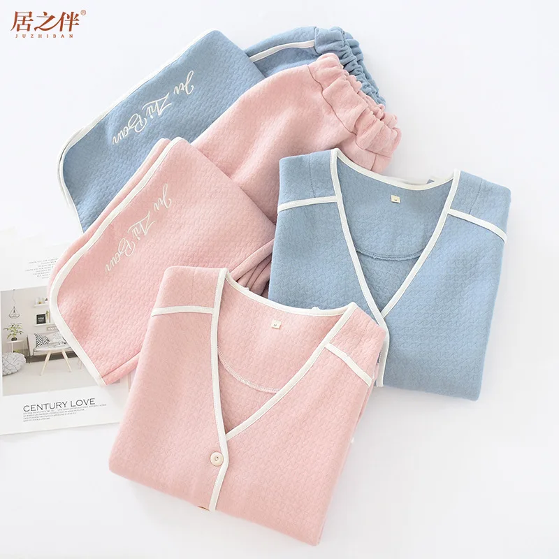 

Spring New Autumn and Winter Leisure Tops Women's Long-Sleeved Trousers Cotton Thick Air Layer Solid Color Warm Simple Pajamas S