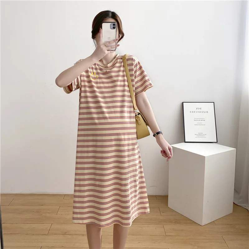 

Новинка лета 2021, платья для беременных, юбка для беременных, полосатый топ свободного кроя, Хлопковое платье с коротким рукавом для беременн...