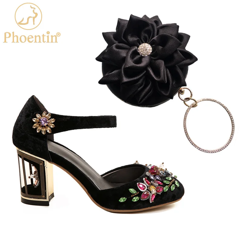 Phoentin черные Кристальные туфли подходящая сумка Стразы итальянская женская обувь