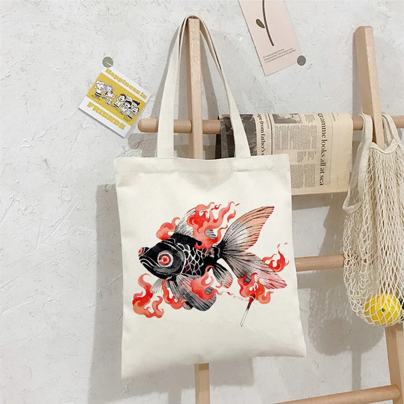 

Модная женская сумка-тоут в стиле Харадзюку, сумка для покупок с принтом золотой рыбки, сумки Ulzzang для девочек и студентов, сумки на одно плеч...