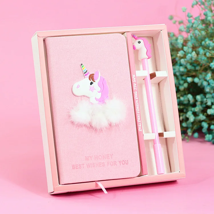 Cute Creative Beautiful Pink Unicorn Hardcover Planner Notebook Set Diary Book with Pen School Supplies Students Girls Gift | Канцтовары