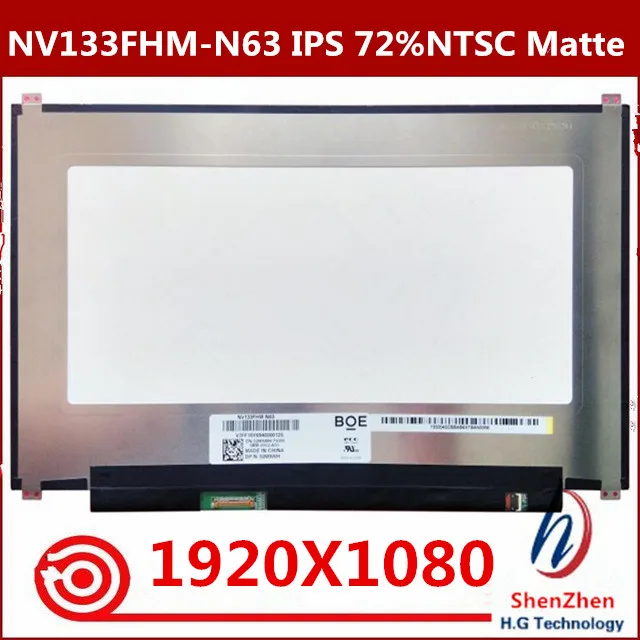 For BOE NV133FHM-N63 LCD Display 72%NTSC LED Screen Matrix for Laptop 13.3 30pin FHD 1920X1080 Replacement IPS Screen