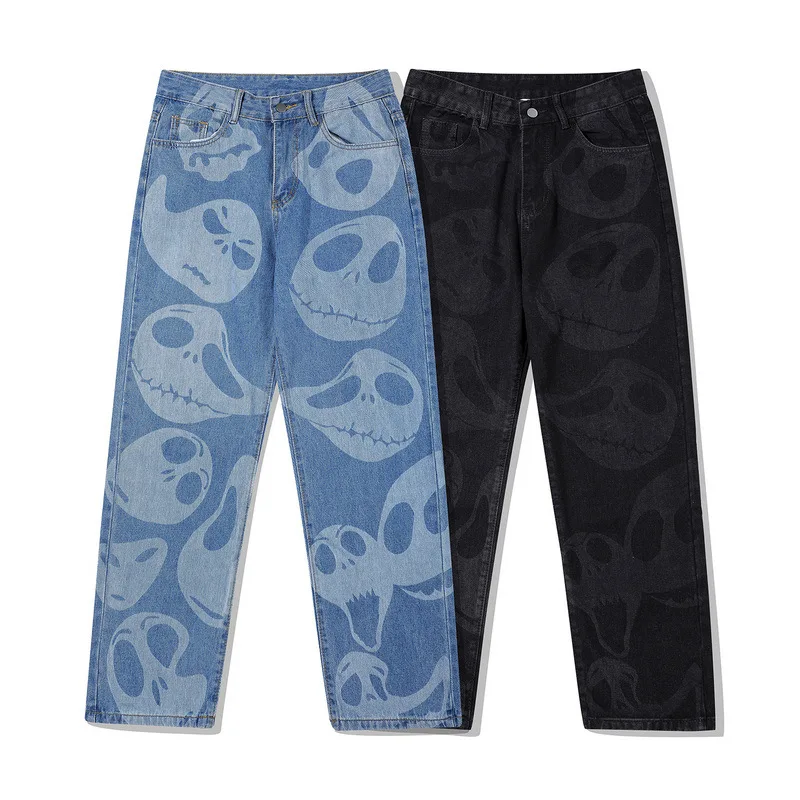 2021 New Arrival Skull Full Print Punk Men Straight Baggy Jeans Trousers Hip Hop Oversize Women Wide Denim Pants Pantaloni Uomo