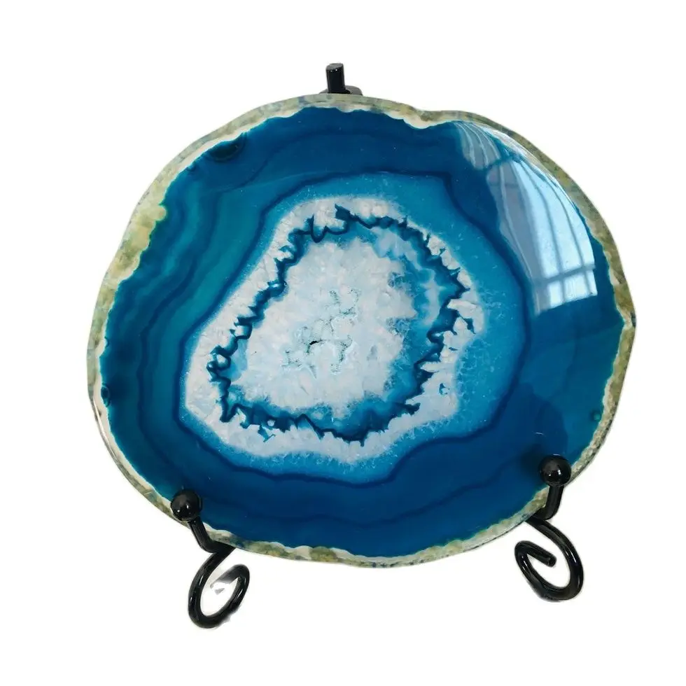 12-15CM Bule Crystal AGATE SLAB Geode Slice Mineral Coaster Healing Reiki Decoration+Stents