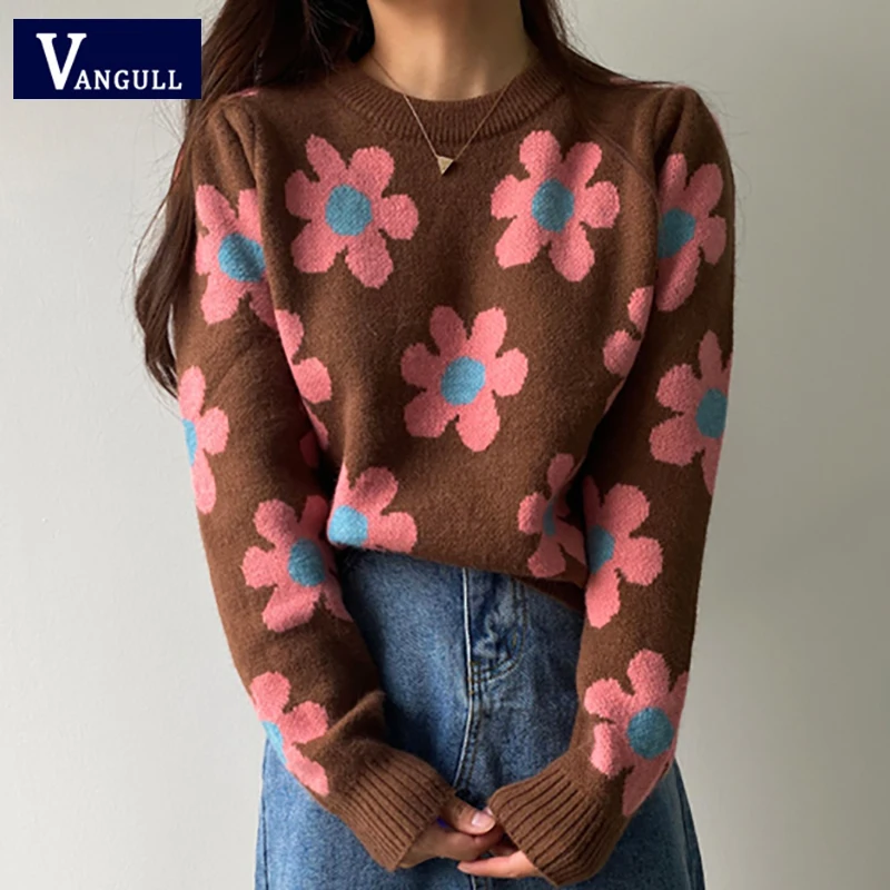 

Женский свитер с цветочным принтом Vangull, корейский Универсальный пуловер с круглым вырезом и длинным рукавом, Осень-зима 2020