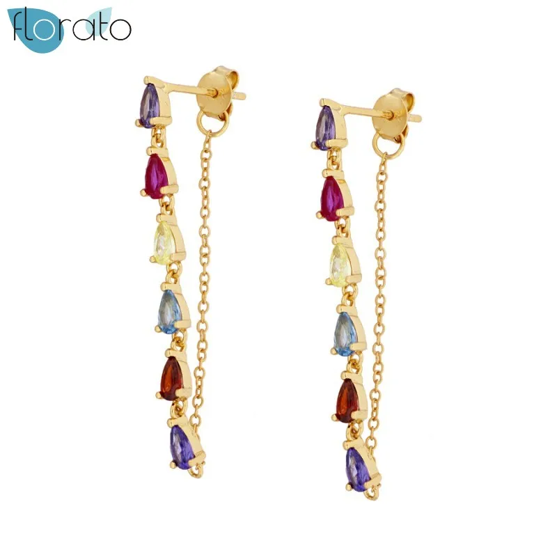 

Colorful water drops Luxurious 925 Silver Ear Needle Stud Earrings For Women CZ Earring Chain Tassel Jewelry Gift pendientes A40