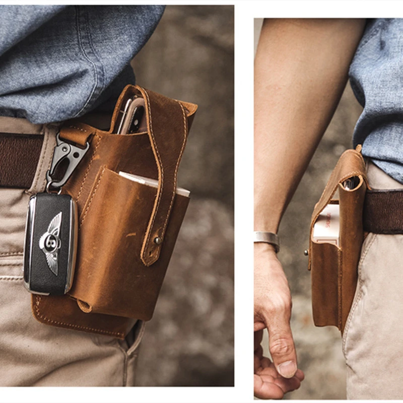 Retro Portable Belt Waist Men's Bag Sports Running Outdoor Sports Cell Phone Leather Waist Bag For  Phone Men Keychain