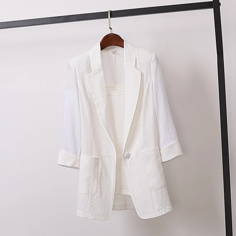 

Open Front Notched Blazer 2020 Summer Women Formal Jackets Office Work Loose Fit Blazer White Ladies Suits 3 Colors Size M-4XL
