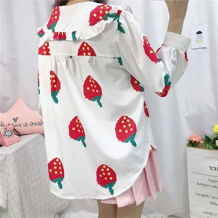 Милая женская блузка с клубничным принтом милая Свободная рубашка воротником