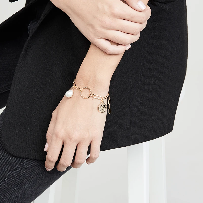 14k позолоченные латунные звенья цепи пресноводный жемчуг монета шарм браслеты