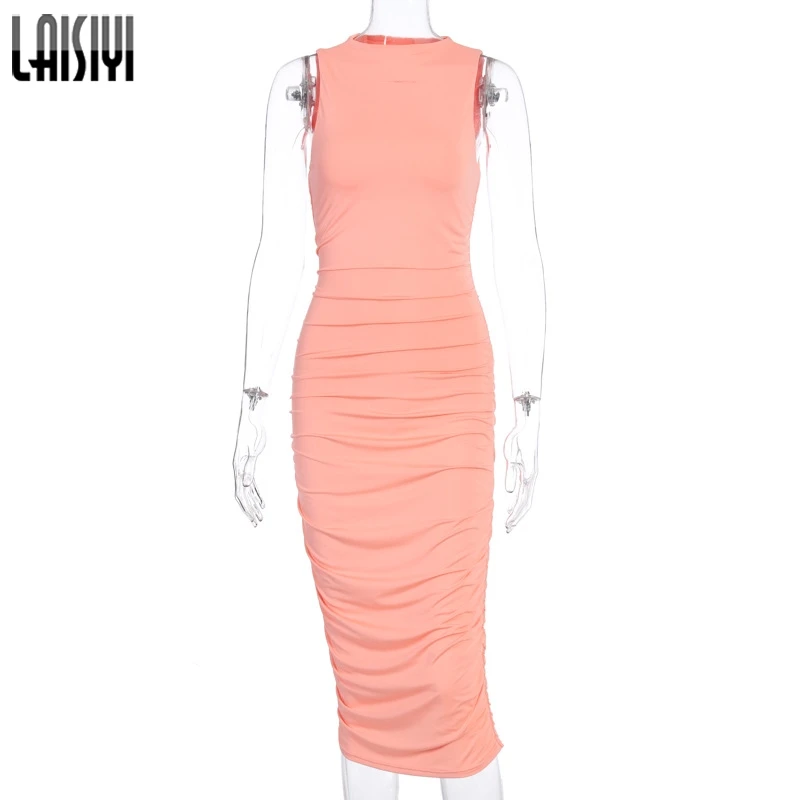 

LAISIYI 2020 Sleeveless Bodycon Ruched Sexy Midi Pencil Dress Summer Women Fashion Streetwear Outfits Party Elegent Sundress New