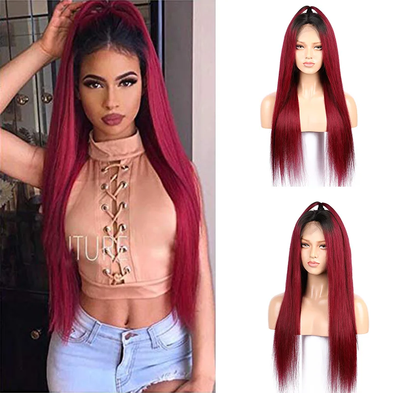 

Ombre Burgundy 180% Density 99j 26Inch Long Straight Synthetic Front Lace Wig For Black Women Babyhair Preplucked Cosplay Daily