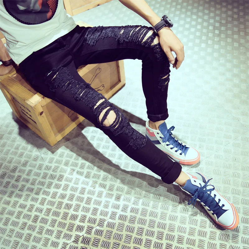 

Wholesale 2020 beggar pants male nine points pants thin holes jeans slim feet ankle length pants students Korean trend trousers
