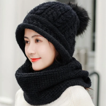 Style 2 Black HT2686 шапка из кроличьего меха женская зимняя шапка, шарф, набор женских меховых помпонов шапка-ушанка ветрозащитная вязаная шапка с шарфом зимний аксессуар - Цвет: Style 2 Black