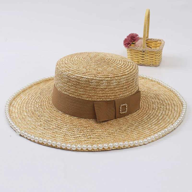 Соломенная шляпа с широкими полями и жемчугом Женская элегантная пляжная