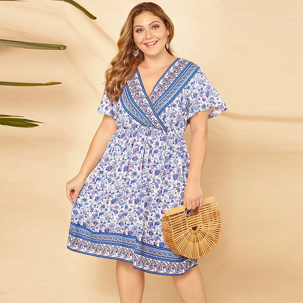 2019 плюс размер женское миди платье винтажная Цветовая Печать Платья Мода бабочка