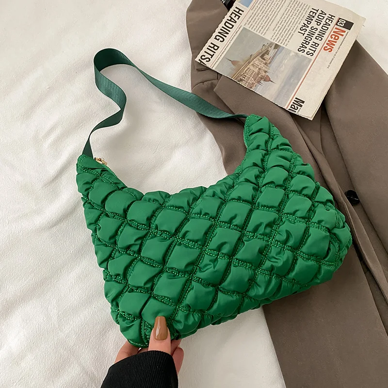 

Vintage Green Baguet Bags For Women Winter Quitled Bag Classic Puffy Padded Cotton Shoulder Bag Ladys Retro Hobos