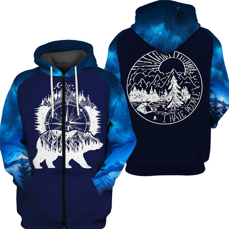 

Soul Catcher Bear Print Blue Starry Sky 3D Zip Hooded Sweatshirt