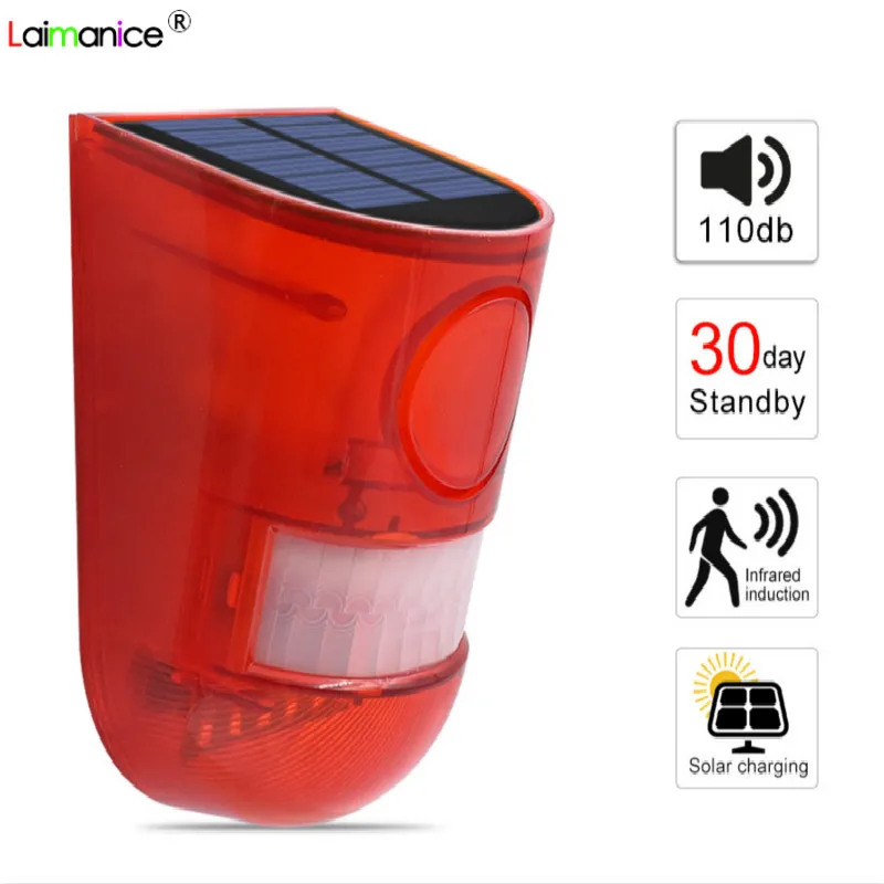 Solar Alarm Lamp 110db Warning Sound 6led Waterproof Motion Sensor Caution Red Light For Warehouse Secret Place Wall Outdoor | Лампы и