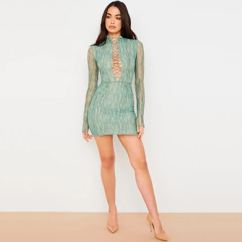 

Free Shipping Wholesale Summer Women's Dress Light Green Mesh Long Sleeve Hollow Out Sexy Celebrity Cocktail Party Dress