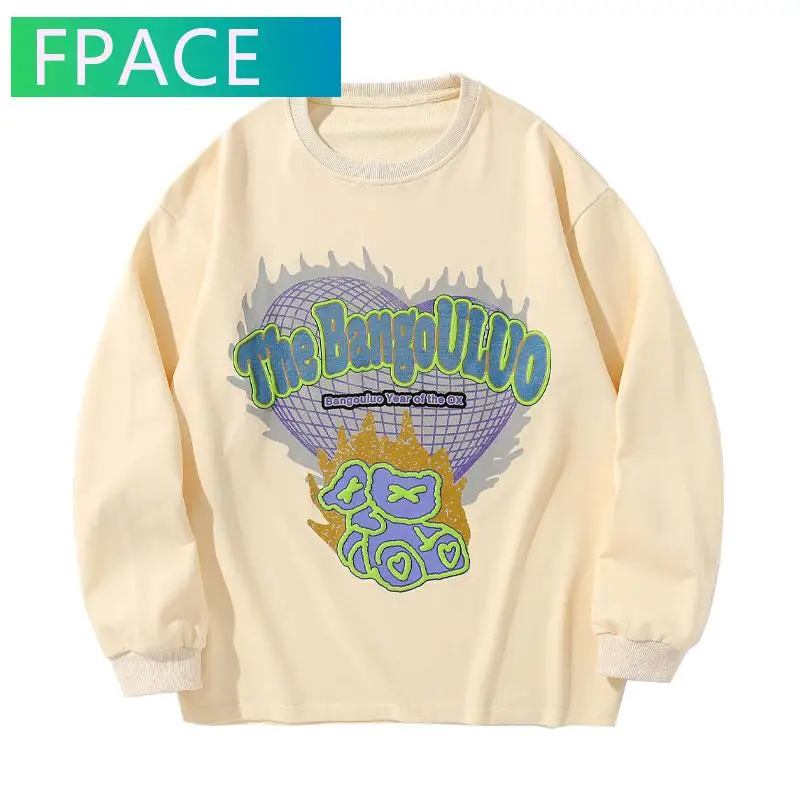 

FPACE Tshirts Streetwear Hip Hop Fire Flame 3D Heart Print Long Sleeve Tees Shirts Mens Harajuku Fashion Casual Cotton Tops