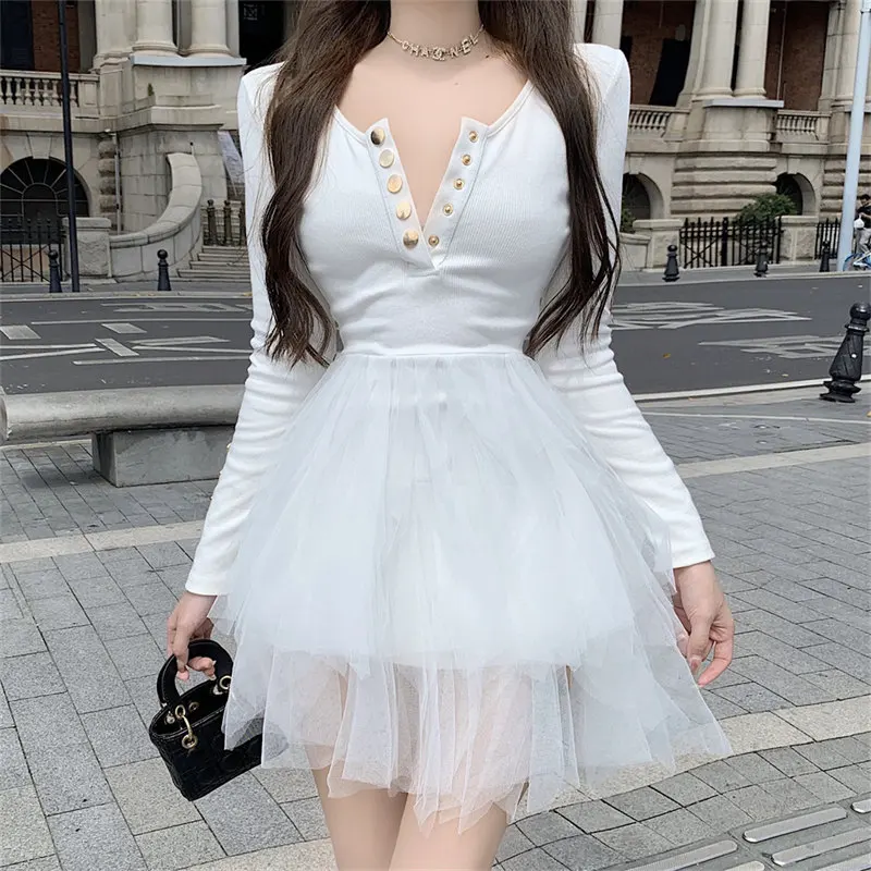 

2022 new fashion ladies sexy long-sleeved high-waist mesh stitching dress