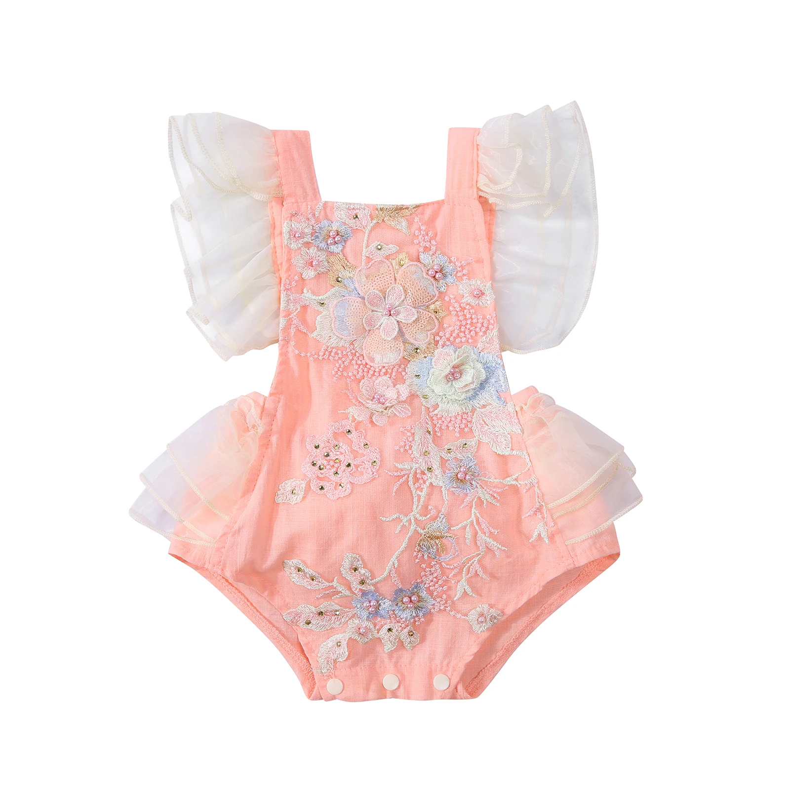 

2021 Summer Baby Girls Princess Rompers 0-24M Lace Flowers Printed Ruffles Short Sleeve Lace Jumpsuits 6-24M