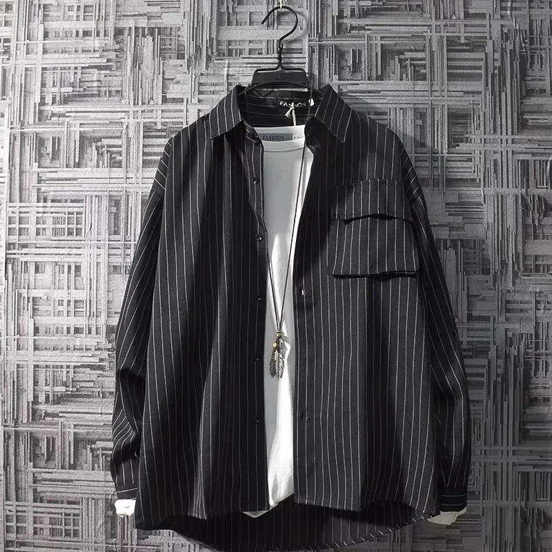 

Spring Men's Shirts Striped Long Sleeve Shirt Black Green Tops Male Single Breasted Business Shirt Button Camisas Para Hombre