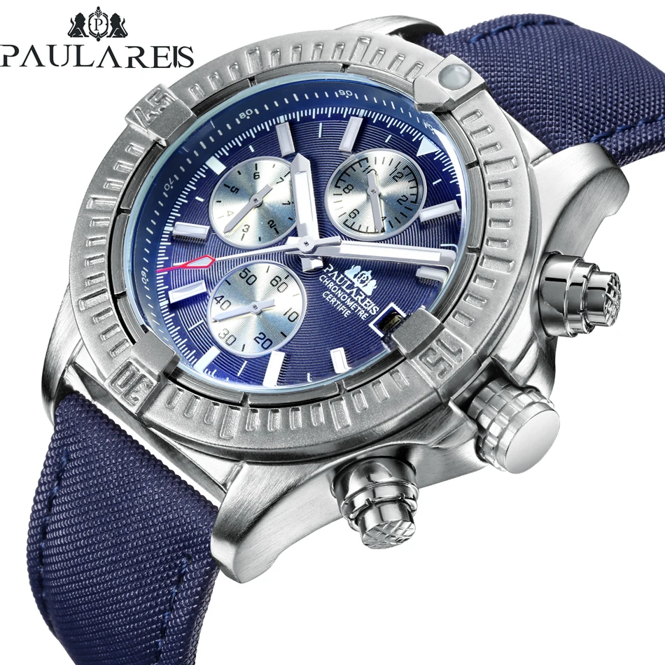 

Luxury Brand Men Automatic Self Wind Mechanical Canvas Style Black Blue Leather Strap Multifunction Luminous Sport Watch Men
