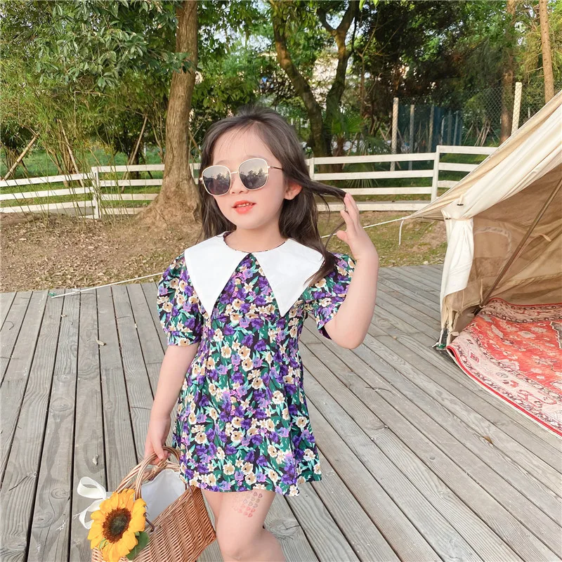 

2021 Summer Korean New Girls Big Lapel Dress Kids Contrasting Color Flower Princess Dress Fashion Children's Print Dresses 2-8Y