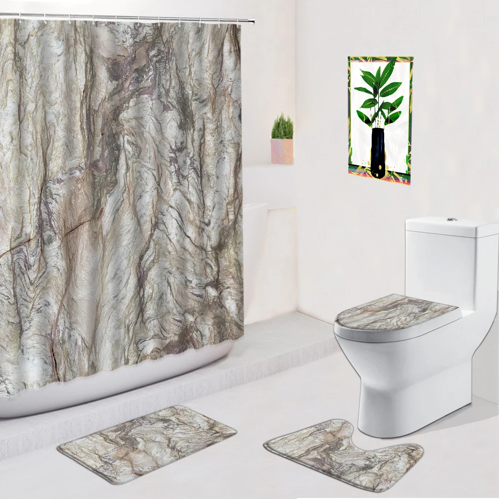 

Marble Bathroom Set Shower Curtains Geometric Stripe Pattern Modern Bathtub Screen Non-Slip Carpets Bath Mat Toilet Foot Pad
