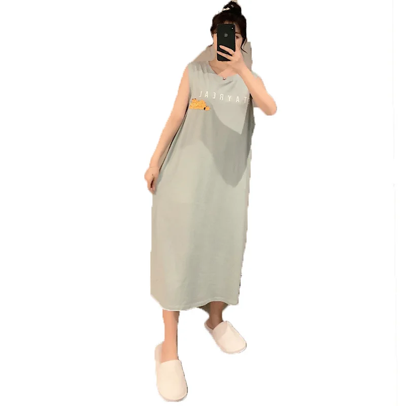 2021 New Sleeveless Nightdress Women's Vest Nightdress Cotton Loose Cute Cartoon Sweet Cute Long Home Clothes Sexy Sleepwear