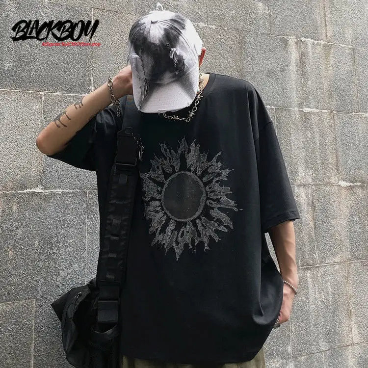 

BLACKBOY summer new dark system sun short-sleeved t-shirt men's trend ins large size loose student half-sleeved T-shirt