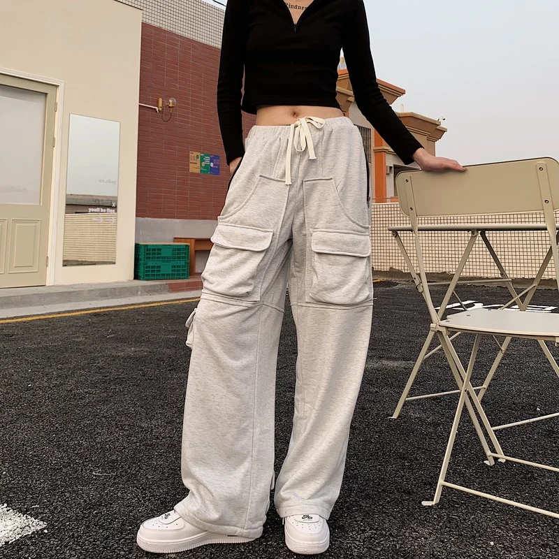 

Женские серые спортивные брюки для бега, женские спортивные брюки-карго с высокой талией в стиле Харадзюку, Мешковатые повседневные брюки, ...