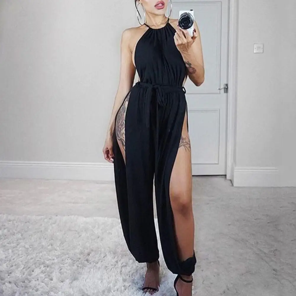 

Women Sexy Solid Color Sleeveless Halter High Side Slitting Ankle Tied Jumpsuit