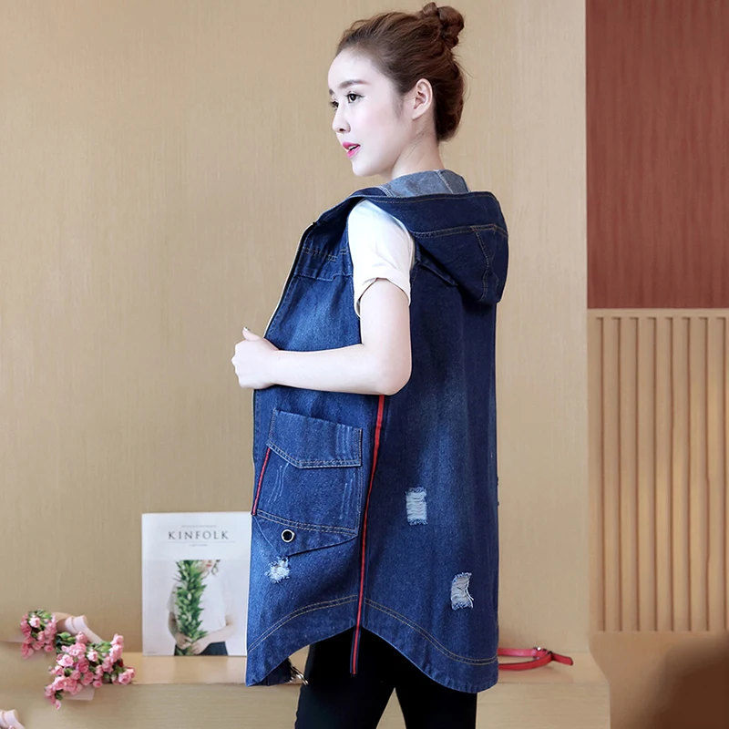 Женский джинсовый жилет с дырками Повседневная джинсовая куртка без рукавов